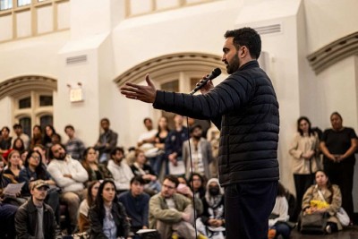 New York State assemblyman Zohran Mamdani (D-N.Y.) speaking at a DSA 101 meeting at the Church of the Village in the Manhattan borough of New York City, on Nov. 11, 2024. Credit: Bingjiefu He via Wikimedia Commons.